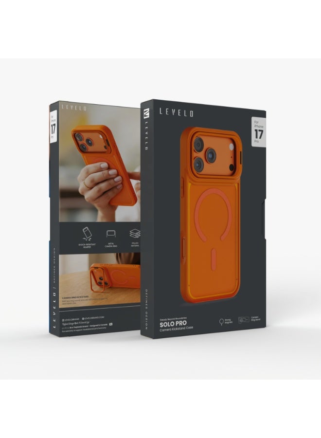 LEVELO Solo Pro Camera Kickstand Case for iPhone 17 Pro, MagSafe Compatible, Strong Magnets, Raised Camera Bezel & Shock‑Resistant Bumper, Metal Ring Stand – Orange - Image 5